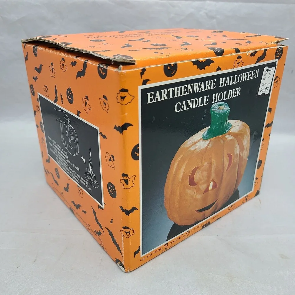 Vintage Halloween Earthenware‎ Pumpkin Jack o' Lantern Candle Tea Light Holder